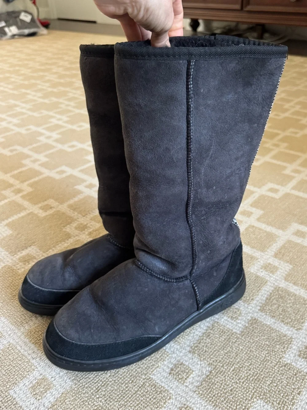 UGG Ultra Tall Revival Tasman Braid Suede Shearling Boots Black Size 10